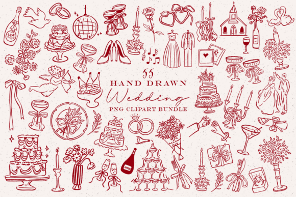 Hand Drawn Wedding PNG Clipart Bundle: 55 Romantic Designs