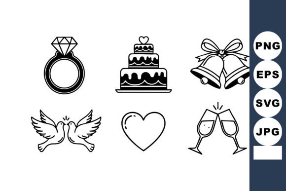 Wedding Symbols Collection with Ring Cak: Elegant Line Art